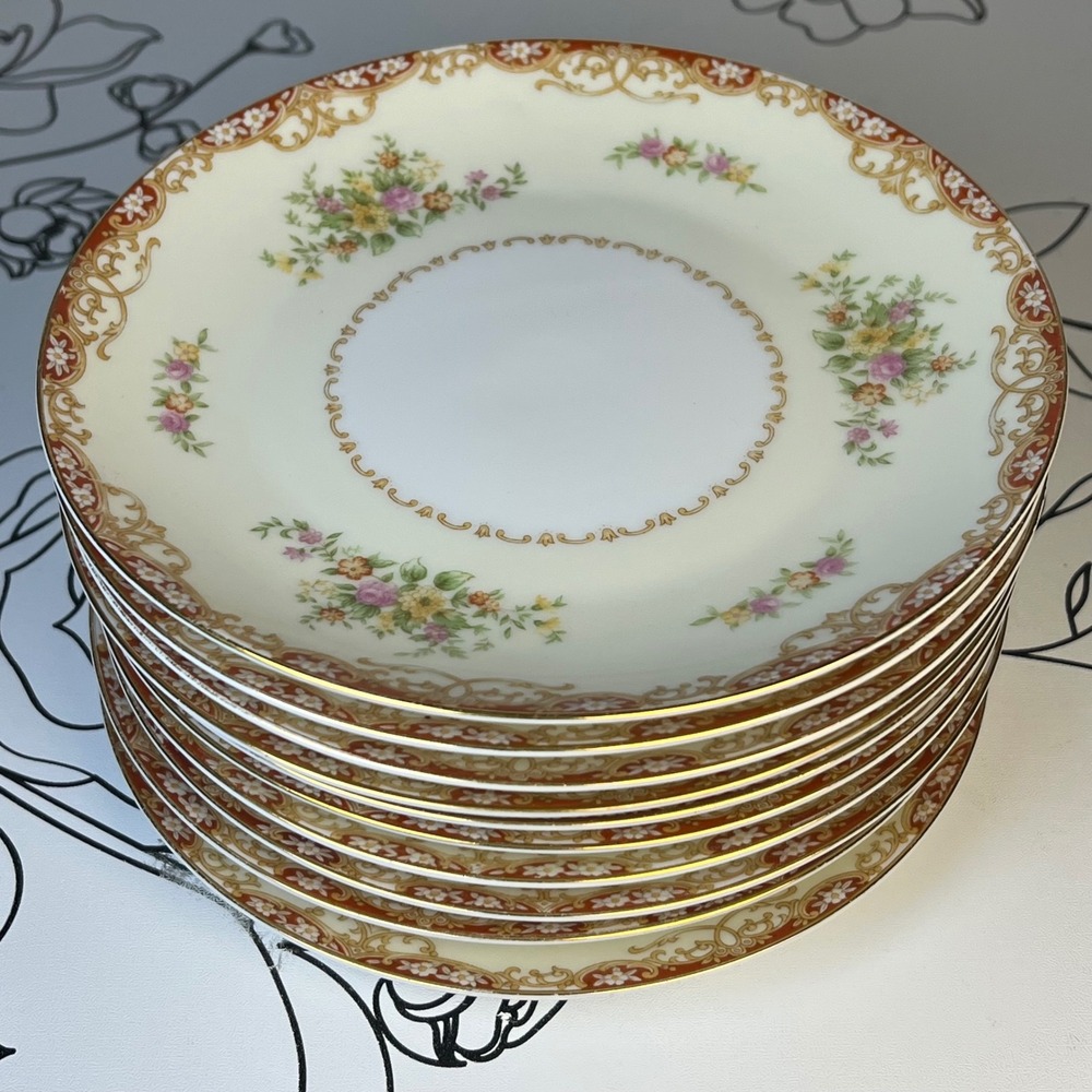 Noritake Japan Floral salad dessert Plates Set of 10 Rust Gold Scroll 7"